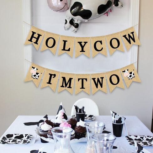Holy Cow I'm One Banner Farm 1st Birthday Party Decoration Barnyard Burlap Garlands Western Boy Girl First Birthday Supplies White in Kuwait
