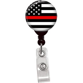 LIND RED LINE USA FLAG - بكرة شارة الحبل القابلة للسحب - اسم معرف الممرضة علامة مقطع مخصص على حامل الشارة (1/4 مقطع حزام العلم)