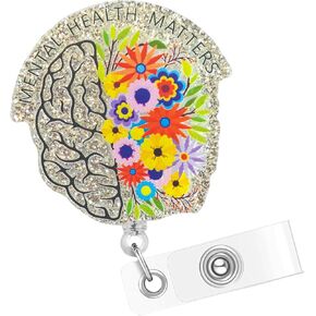 Mental Health Matters Badge Reel - Funny Brain Neurologist Badge Clip Retractable with ID Clip for Nurse Nursing Name Tag Card Cute Neuro Badge Holder for Doctor Medical Office Social Worker