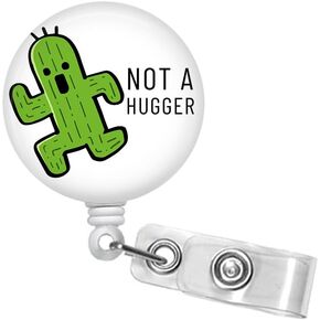 Funny Cactus Badge Reel - Not A Hugger - 1.5" Retractable ID Badge Clip - Carabiner -Breakaway Lanyard - Stethoscope ID Tag - ID Card Holder #287