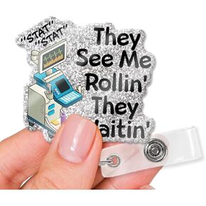 XQLZY They See Me Funny Glitter Badge Reels Holder, Life Monitor Badge Holder Gift for Nurses, Christmas Birthday Graduation Gift for Doctor Nurse Physician Assistant MD RN Nursing Student ICU CCU