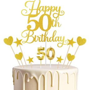 Happy 50th Cake Cake Topper for 50 عيد ميلاد ديكورات ، رقم 50 شمعة مع Glitter Heart Star Cupcake اختيارات للرجال للنساء Hello 50 عيد ميلاد الذكرى السنوية لوازم الديكور Cake （الذهب （