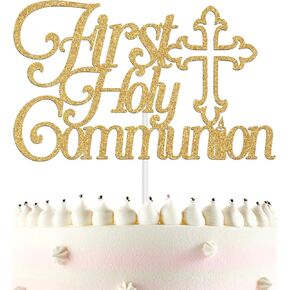 First Holy Communion Cake Topper, Baptism/Christening/Baby Shower/1st Birthday Party Decorations, Gold Glitter Cross, Religious God Bless Theme Cake Decor ﻿