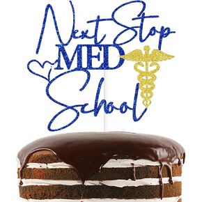 Blue & Gold Glitter Next Stop Med School Cake Topper ، تهانينا 2025/Peace Out High School ، 2025 مستلزمات التخرج من المدارس الثانوية