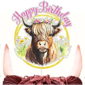 Highland Cow -themed Happy Birthday Cake Topper - Doys & Girls -Pow -themed Party Decoration - 1 Count ، 6 "× 5.6" ، ترابي/طبيعية ، وردي ، أخضر