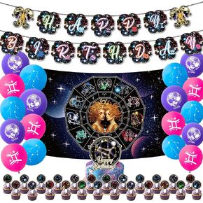 Zodiac Gemini Party Decorations - Gemini Birthday Banner, Cake Topper, Backdrop - Blue, White, Multicolor
