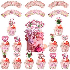 Konsait 25 PCS Happy Mothers Day Cake Topper Flower Cupcake Liners I Love You Mom Cupcake Wrappers Set for Mother's Day Decorations and Mother's Day Party Supplies