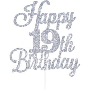 Happy 19th Birthday Cake Toppers Silver Glitter, Cheers to 19 Years Old Bday Decoration 19th Anniversary Cake Topper, Nineteen Theme Cake Decorations for Birthday Anniversary Party