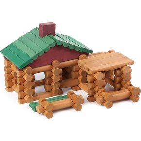Wondertoys 90 Pieces Classic Wood Cabin Logs Set, Building Log Toy for Children, Farm House Construction Educational Toys for 3 4 5 6 Years Old