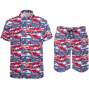 Feim-AO Casual Button Down Shirts Set for Men American Flag Short Sleeve Shirts Summer Beach Shirt Suits 2 Piece Outfit Set