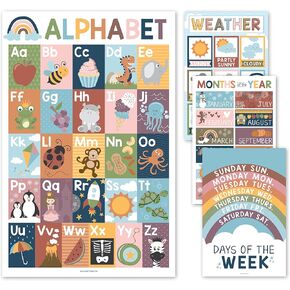 Hadley Designs 4 Alphabet ، أشهر من السنة ، الطقس ، أيام الأسبوع التقويم للأطفال ، ABC Chart for Addlers ، مخططات مغلفة للفصول الدراسية أو HomeChool ، Boho Posters 11x17