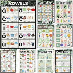 16PCS BOHO Greenery Sound Sound Classroom Phonics Phonics Posters Eucalyptus Language Arts Charts for Kids Toddler Learning Language Arts Posters English Phonics Posters for Wall Decorations