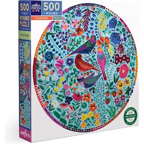 قطعة وحب Eeboo: Four Birds - 500 قطعة لغز - بانوراما مستديرة للبالغين ، قطرها 23 بوصة ، تشمل إدراج مرجع صورة ، قطع لامعة