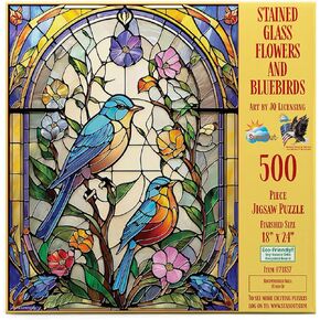 SUNSOUT INC - Stained Glass Flowers and Bluebirds - 500 pc Jigsaw Puzzle by Artist: JQ Licensing - Finished Size 18" x 24" - MPN# 71857