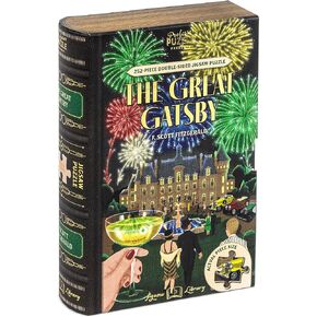 Professor Puzzle: Jigsaw Library - The Great Gatsby - 252 Piece Puzzle على الوجهين ، مشهد كتاب مصور ، 19.4x14.5 ، مربع على شكل كتاب قابل للتحصيل
