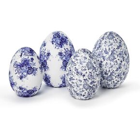 Two's Company Hand-Crafted Paper Mache Eggs, Blue and White, Set of 4, Papermache