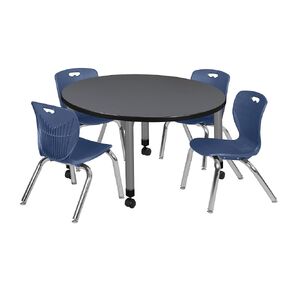طاولة النشاط والكراسي في Romig Kee Round Mobile Clasship Table قابلة للتعديل 3 ، 36 × 36 ، Chrome | Gray | Navy Blue
