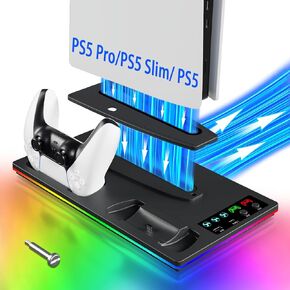 PS5 Cooling Station, PS5 Slim Stand Vertical with RGB LED, Dual Controller Charging Station for PS5
