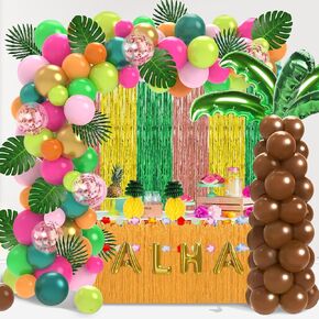 184Pcs Tropical Balloon Arch Garland Kit, Luau Party Decorations with Palm Leaves Fringe Curtain Flamingo Coconut Balloons Pineapple Honeycomb for Summer Aloha Hawaiian Themed Party Decorations