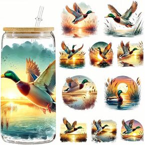 5pcs Twilight Duck UV DTF Cup Wraps Winter DTF Transfer Transfer Dateproof Sticker for Glass Cups Furniture Craft Crafts ， فرك على ملصقات النقل لزجاجة ماء DIY.
