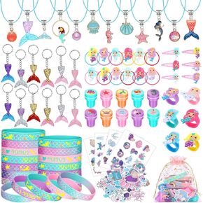 Capoda 158 Pcs Mermaid Party Favors Set for Girls Mermaid Birthday Party Supplies Necklaces Pendants Keychains Stamper Wristband Hair Rings Hairpins Stickers Colorful Rings Gift Bags Stuffers