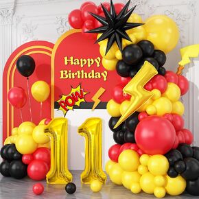 7th Birthday Red Black Yellow Balloons Arch Kit, Cartoon Theme with Number 7, Lightning Star Mylar Balloons for 7th Birthday Party in Kuwait