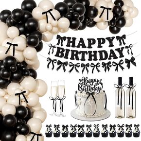 Black Bow Birthday Party Decorations, Conqutte Birthday Decorations, Black Sand White Balloon Arch Kit, Bow Happy Birthday Banner, Bow Cake & Cupcake Toppers Satin Ribbon Black Bow Birthday Decor