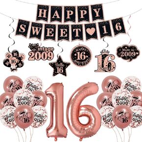 حلوة 16 ديكورات حفلة عيد ميلاد للفتيات ، روز الذهب سعيد Sweet 16 لافتة ، ستة عشر عامًا