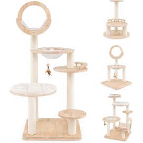 Nightcore 57 "TALL TALL SOLID WOOD CAT TREE للقطط الداخلية ، البناء البناء برج هريرة مع جثم ، وظائف الخدش ، وسائد قابلة للغسل ، 4 خيارات التثبيت ، وأثاث مركز أنشطة القطط متعددة المستويات