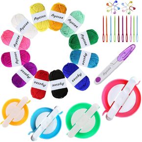 طقم غزل صانع بوم بوم ، صانع 4PS Pompom+12PS خيوط أكريليك+10ps علامات غرزة الحياكة+10ps إبر بلاستيكية+1PS مقص (37C)
