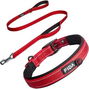 FIDA 5 قدم مقود الكلاب الشاقية ومجموعة طوق الكلاب الشاق ، فائقة النيوبرين الناعمة المريحة ، طوق نايلون عاكس قابل للتعديل مع مشبك حزام معدني متين للسلالات المتوسطة (م ، أحمر)