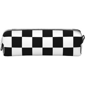 Leather Pencil Case - Black White Race Checkered Flag Pattern, Stationery Bag Pen Organizer Makeup Cosmetic Holder Pouch for School Work Office College