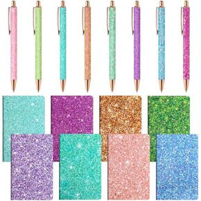 16 Pack Glitter Pens and Notepads Set 8 Mini Glitter Pocket Notebooks 8 Fancy Sparkly Ballpoint Pens Stationery Gifts for Women Teacher Journaling School Office Supplies (Pastel Color)