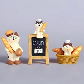 Miniature Cat Bakers Trinkets Set of 3, Cute Kitty Figurines for Bakery, Funny Gifts for Cat Lovers or Baker, Car Dashboard Home Office Desk Decor Gifts for Mom