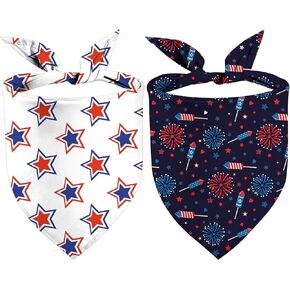 Independence Day Dog Bandanas 2 Pack, Stars and Firewoks 4th of July Dog Scarfs for Boy and Girl, Memorial Day Pet Scarves for Small Medium Large Dogs