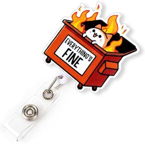 Celokiy ID Badge Holder with Everything's Fine Dumpster Fire Funny Badge Reel Set, Clear Vertical ID Card Holder Retractable Clip for Nurse,Nursing,Medical Assistant,Social Worker,The Office