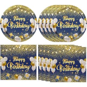 40PCS Blue and Gold Party Supplies Happy Navy Blue Birthday Decorations disposable Tableware Plates Napkins Set for Men Women Birthday Decor service 20