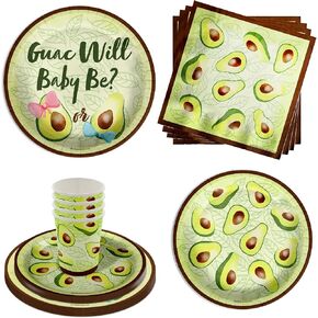 Guac Will Baby Be? Gender Reveal Party Supplies - 64 Piece Avocado Gender Reveal Tableware Set Includes Large 9" Dinner Plates and 8" Dessert Paper Plates Napkins Cups - Kit for 16