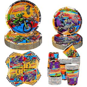 Sert Bike Party Supplies تخدم 40 ، تشمل لوحات ، أكواب ، مناديل ، للأطفال الأولاد فتيات الدراجات النارية ، ديكورات عيد ميلاد الرياضة المتطرفة (خدمة 40)