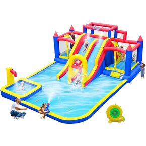 Deluxe Large Inflatable Water Slide for Big Kids, 20.5 ft L x 16.4 ft W x 7.6 ft H Water Bounce House, Outdoor Blow Up Pool, Climbing Wall, Basketball Hoop, Throw Ball Game, with 950W Blower