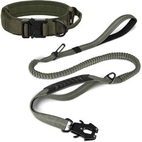 Joytale Tactical Dog Collar (17 "-21") ومجموعة مقود الكلاب ، ومقود الكلب الذي يمتص الصدمات وطوق الكلب القوي القابل للتعديل مع مقبض للكلاب الكبيرة (Armygreen ، L)