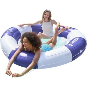 SLOOSH Inflatable Pool Lounger Float with Mesh, 80" x 80" Tanning Pool Floats, Double Lounger Round Ring for Adults, Floating Mat Raft for Lake and Beach with Cup Holder (Navyblue Strpie)