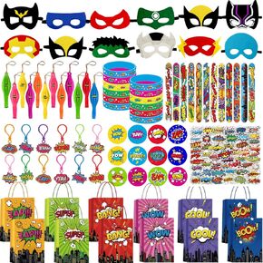 134 Pcs Hero Party Decoration Favors Kit Supplies with Gift Bags, Mask, Punch Balloons, Keychains, Button Pin Badges, Slap Circles, Slap Bracelets for Hero Themed Goody Bag Stuffer Class Prize