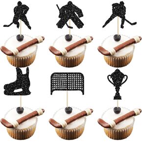 24Pcs Hockey Cupcake Toppers Black Glitter Hockey Players Cupcake Picks Ice Hockey Sports Theme Cake Decorations for Baby Shower Boys Girls Birthday Party Cake Decorations Supplies