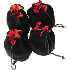 Drawstring Dice Pouches, Black Velvet, Red Satin Lined, 3 x 5 Inches, Bundle of 4 Pouches