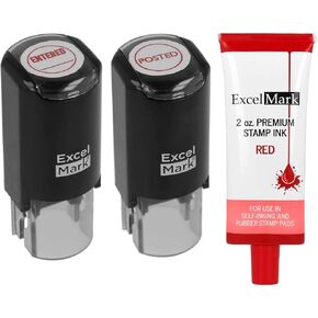 ExcelMark Entered and Posted Self Inking Rubber Stamps - Red Ink with Extra 2 oz. Refill Ink
