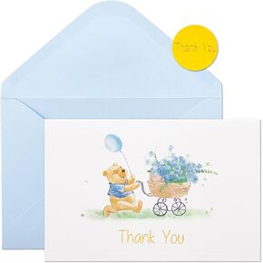 Crisky Baby Shower Blue Gold Foil Thank You Cards with Envelopes 50 Pack Greeting Notes Bulk (Cute Bear with Baby Carriage)
