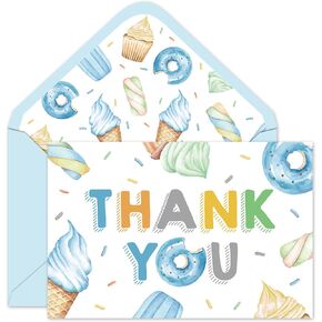 Whaline 24 Pack Sweet Party Thank You Cards Bulk Ice Cream Donut Cupcake Note Cards with Envelopes Stickers Pink Greeting Blank Cards for Baby Shower Birthday