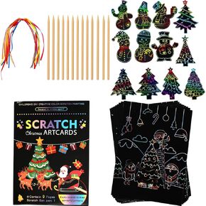 OPUHOHR Christmas Scratch Paper Art Set, Rainbow Scratch Off Notebooks Arts Crafts Supplies Set, Christmas Tree Snowman Scratch Paper Card for Kids DIY Christmas Gift Birthday Card