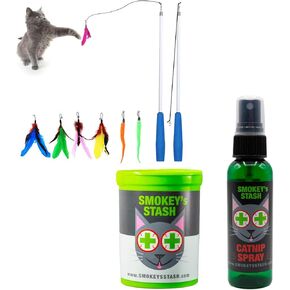 رذاذ Smokey's Stash Cat Catnip و Catnip العضوي المجفف وأعمدة صيد 2pc وإعادة تعبئة لعبة مضحكة